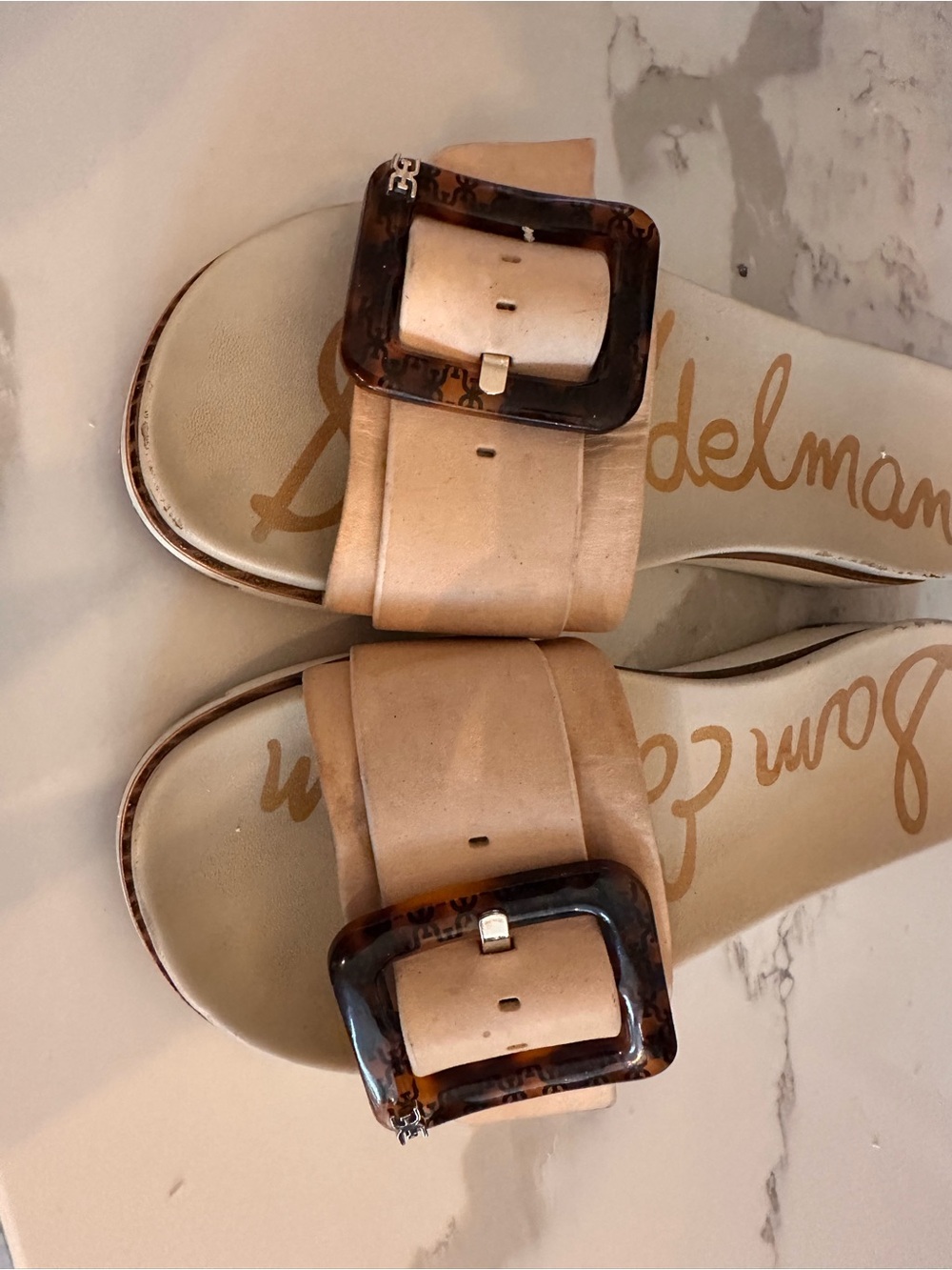 Sam Edelman Nude Slide Sandals with Tortoiseshell Buckles - Picture 2 of 4